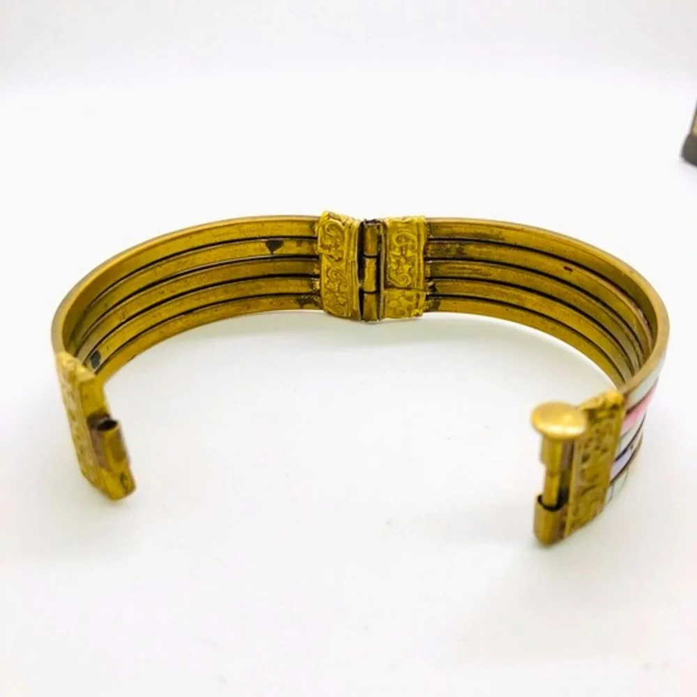 Vintage Brass Mother of Pearl Boho Bracelet - Picture 9 of 12